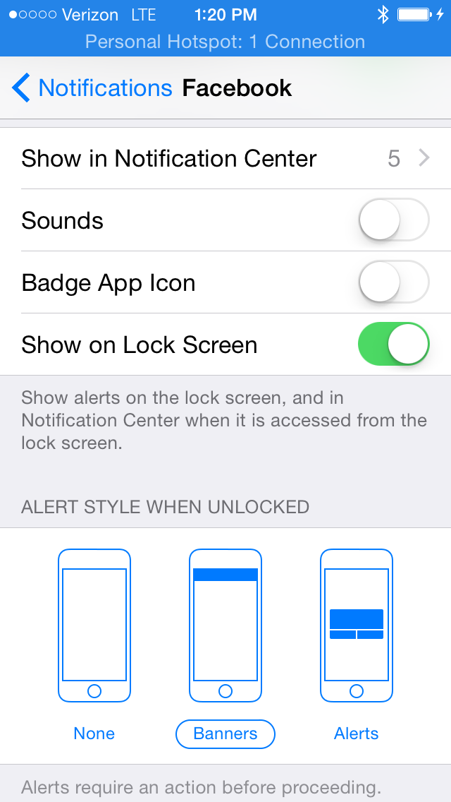 App notification settings screen in iOS
