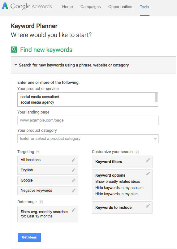 Google Adwords Keyword Planner for keyword research