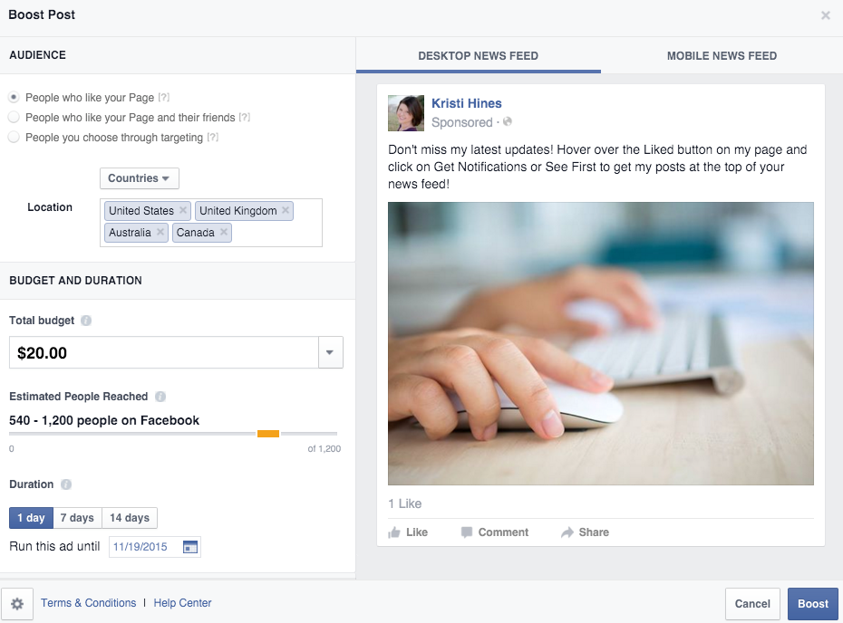 Facebook post boost options