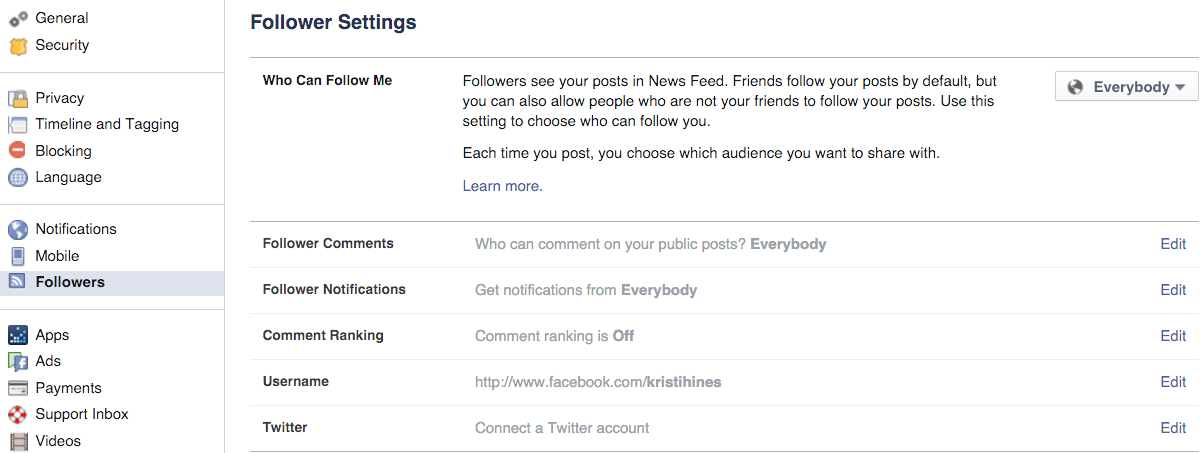 Facebook follower settings