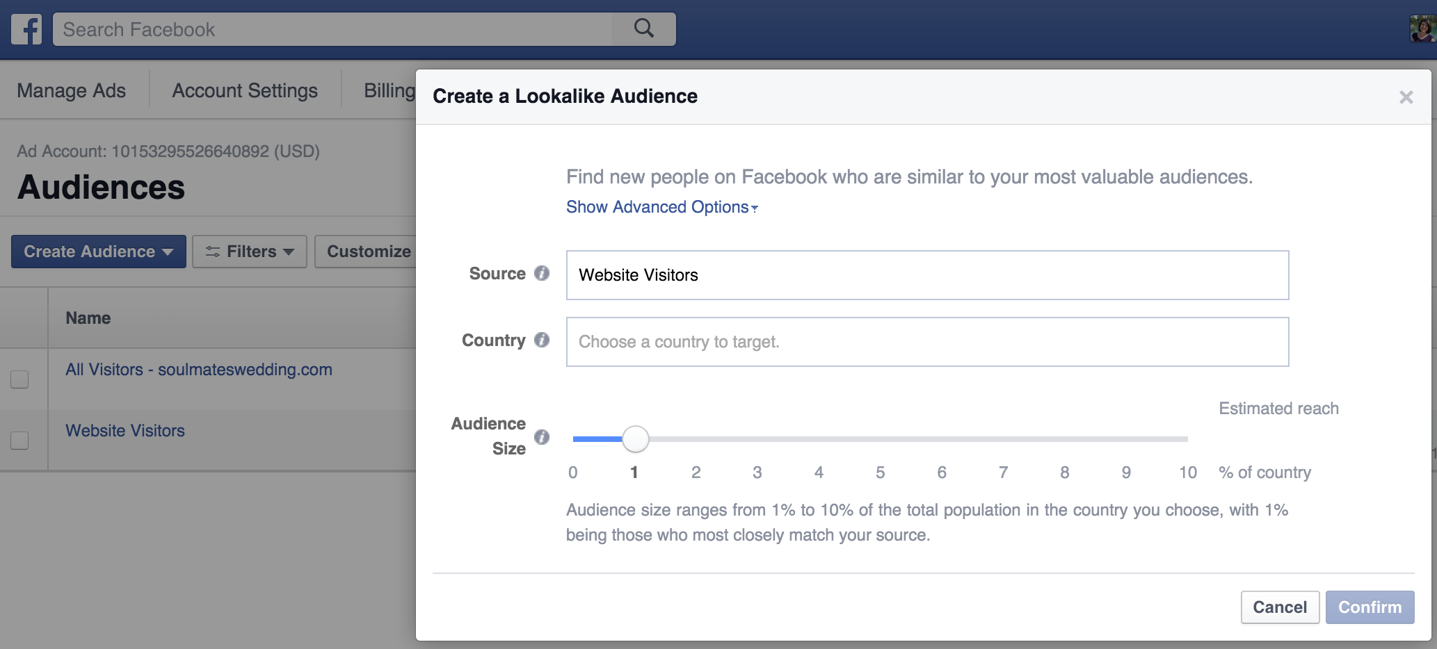 Facebook custom audiences screenshot