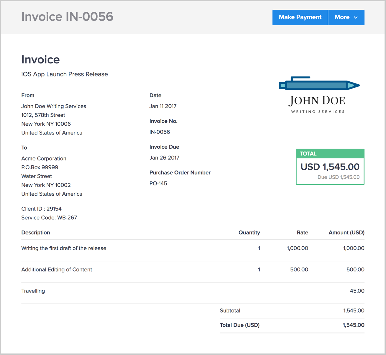 Freelance writer invoice template example from Hiveage