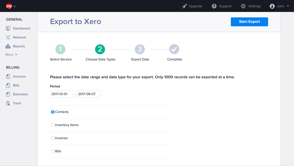 Selecting Hiveage data to export to Xero