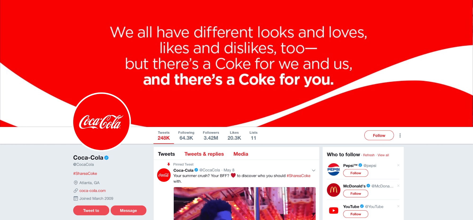 Screenshot of Coca-Cola Twitter profile