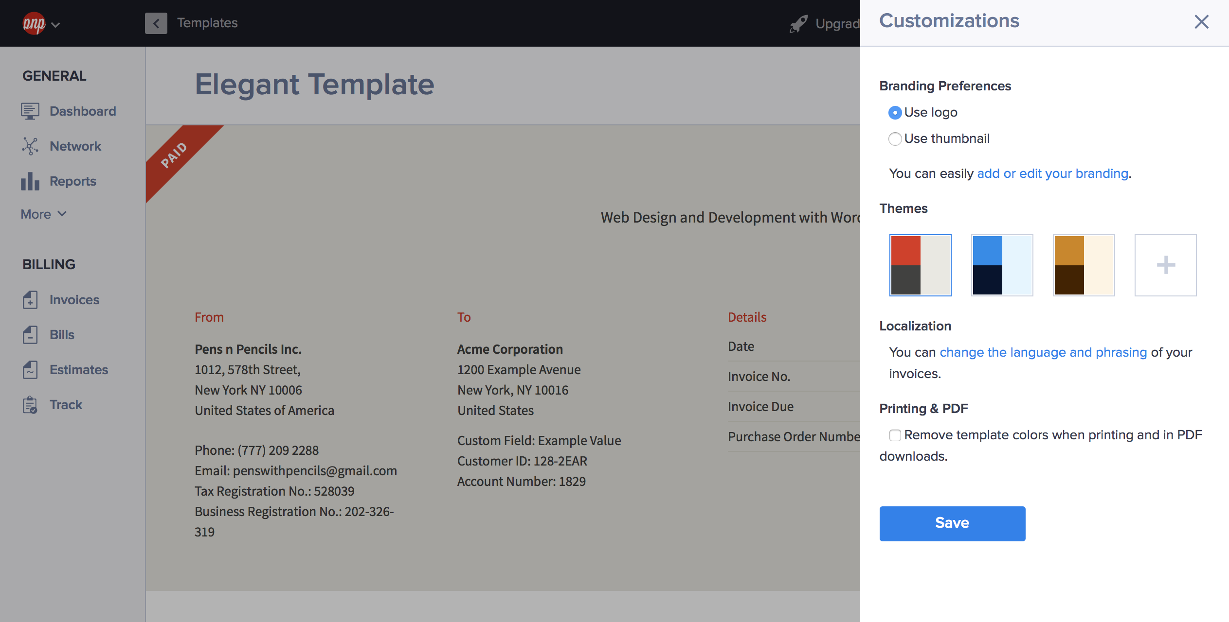 Customizable invoice template in Hiveage