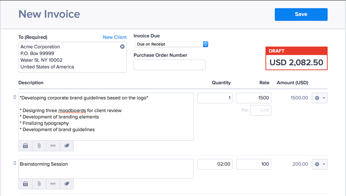 Screenshot: an itemized invoice sample from Hiveage