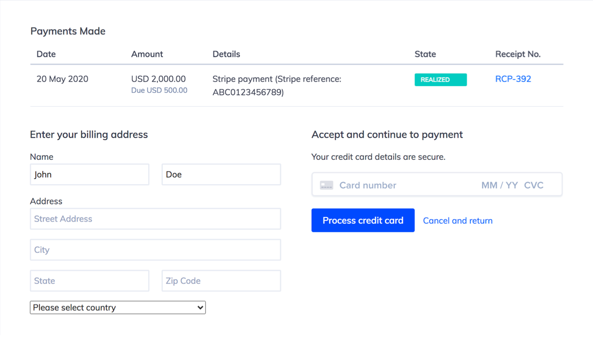 Screenshot of online payments form in Hiveage