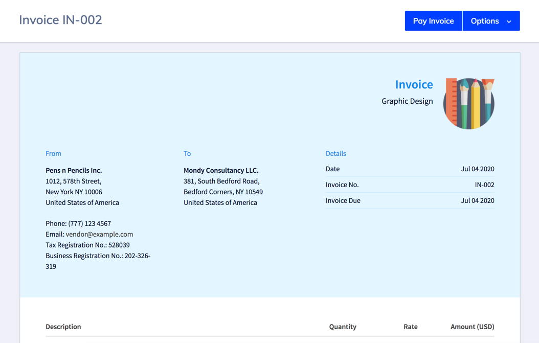 Screenshot of online invoice in Hiveage