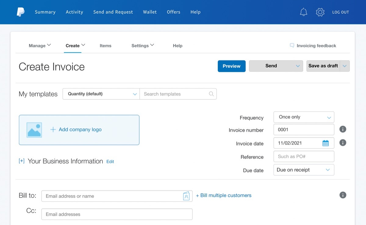 Creating an invoice in PayPal