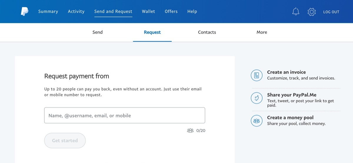 Sending a payment request in PayPal