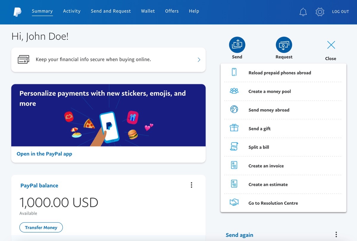 Screenshot of the PayPal dashboard
