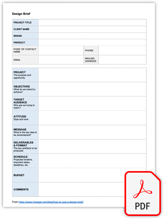Design brief pdf template by Hiveage