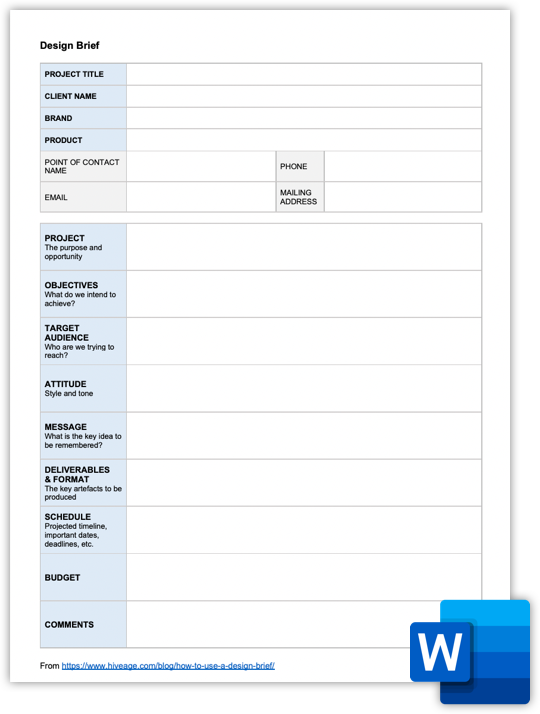 Design brief word template by Hiveage