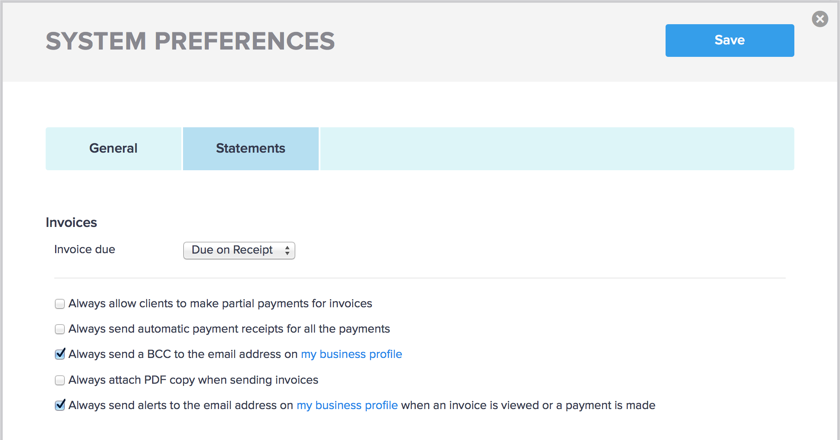 Statement preferences screen in Hiveage