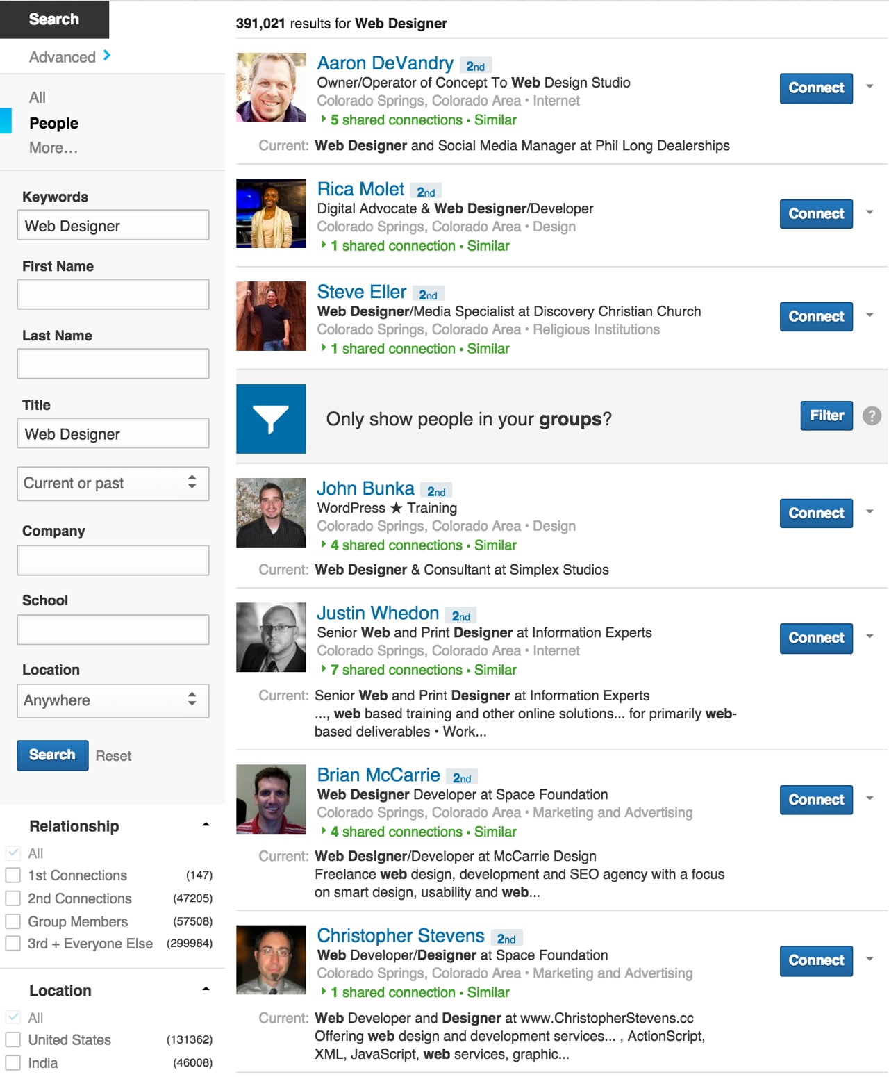 LinkedIn search results