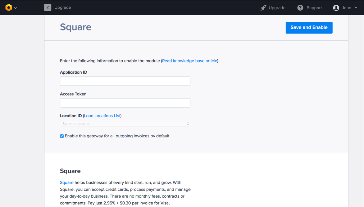 Square module settings in Hiveage